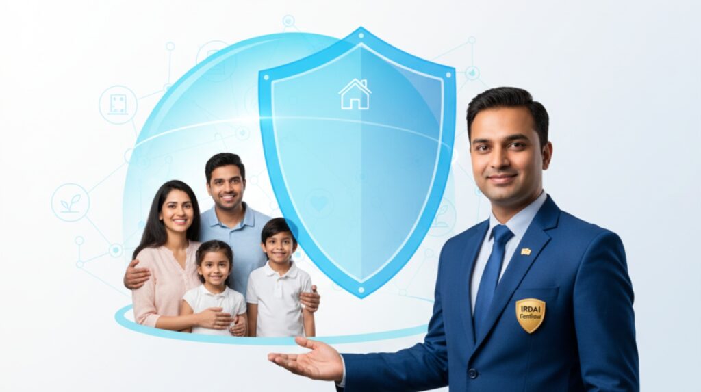 IRDAI certified agent presenting a protective shield over a happy Indian family, symbolizing secure home and family insurance.