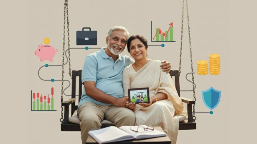 IRDAI agent uses a shield to protect a happy Indian family and their home from unseen risks.