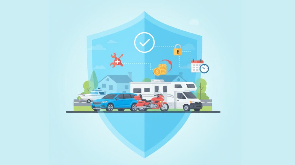 Shield protecting diverse vehicles including car, motorcycle, RV, van, and boat with icons for repair, savings, and security.